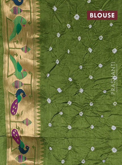 Dola silk saree green with allover bandhani prints and paithani border