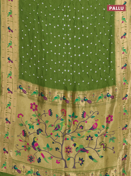 Dola silk saree green with allover bandhani prints and paithani border