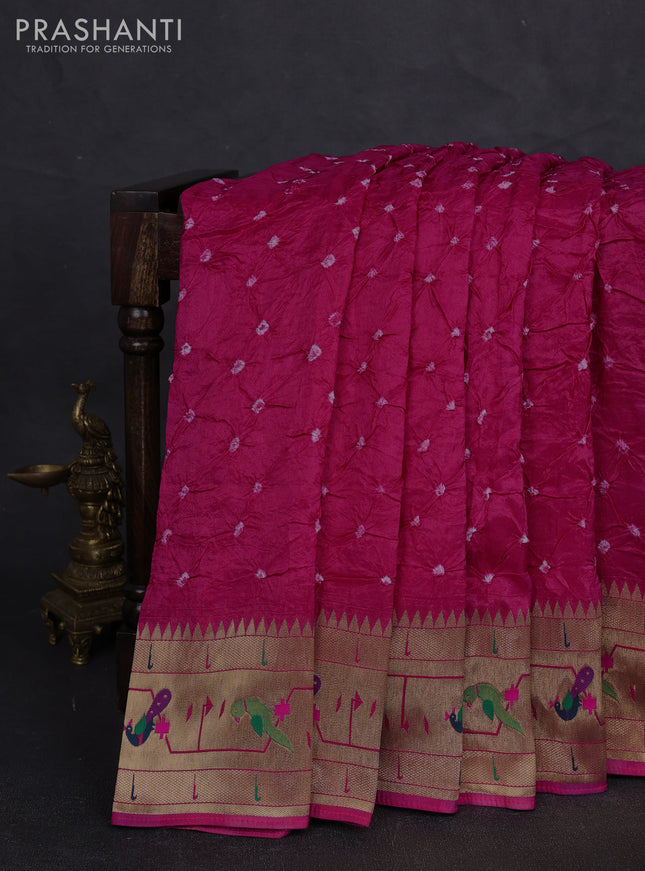 Dola silk saree pink with allover bandhani prints and paithani border