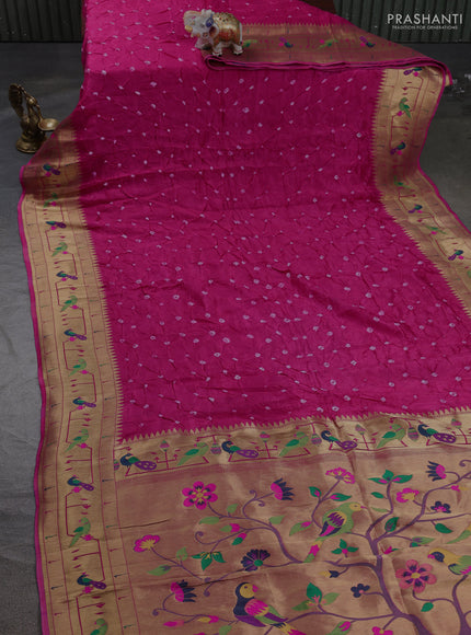 Dola silk saree pink with allover bandhani prints and paithani border