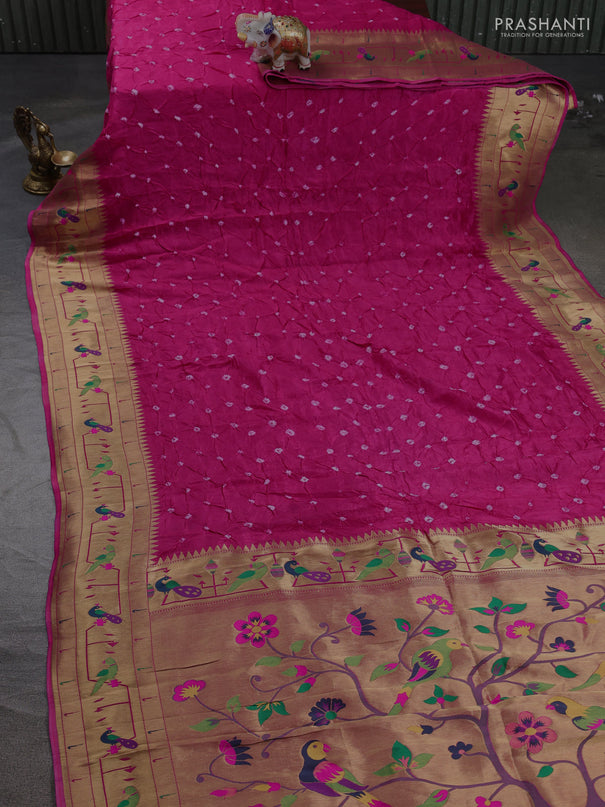 Dola silk saree pink with allover bandhani prints and paithani border