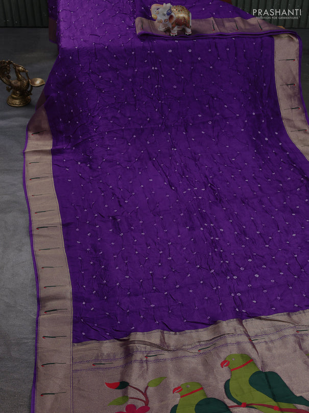 Dola silk saree purple with allover bandhani prints and muniya butta border