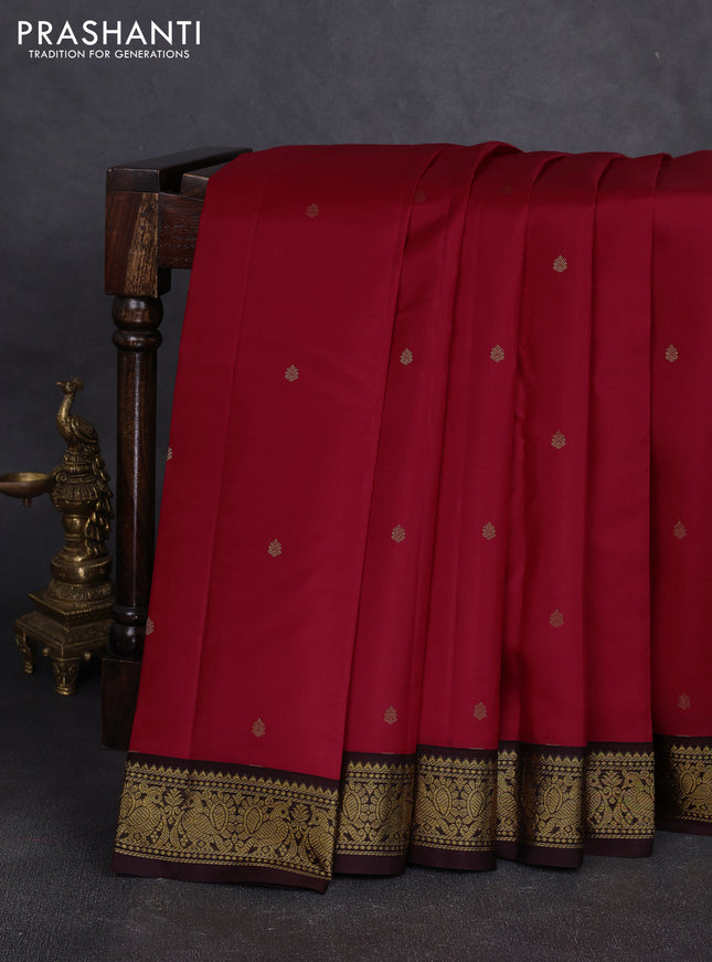 Pure kanchipuram silk saree red and coffee brown with allover zari woven buttas and zari woven korvai border