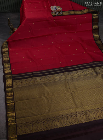 Pure kanchipuram silk saree red and coffee brown with allover zari woven buttas and zari woven korvai border