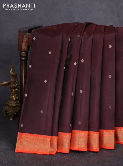 Pure kanchipuram silk saree deep maroon and orange with allover zari woven buttas and zari woven korvai border