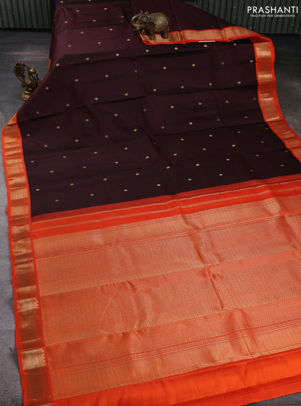 Pure kanchipuram silk saree deep maroon and orange with allover zari woven buttas and zari woven korvai border