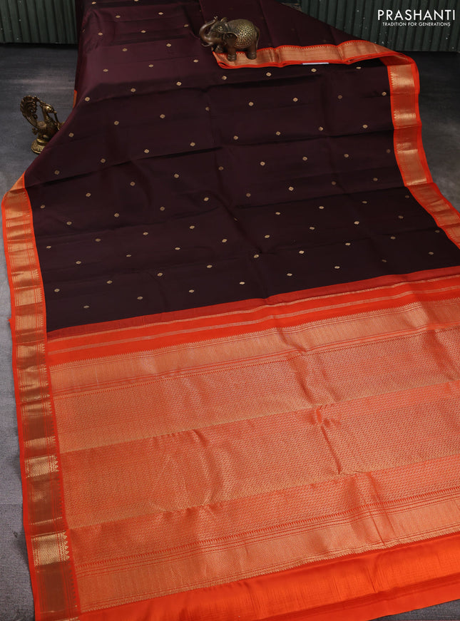 Pure kanchipuram silk saree deep maroon and orange with allover zari woven buttas and zari woven korvai border