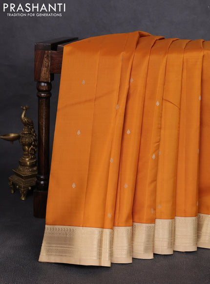 Pure kanchipuram silk saree mustard yellow and sandal with allover zari woven buttas and zari woven korvai border
