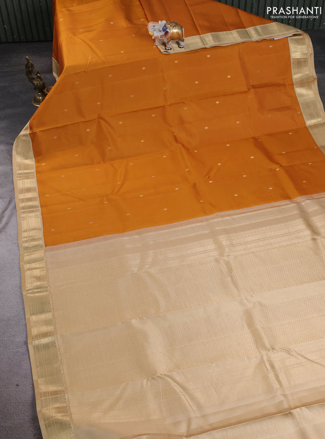 Pure kanchipuram silk saree mustard yellow and sandal with allover zari woven buttas and zari woven korvai border