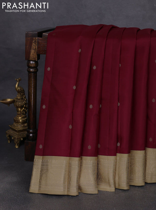 Pure kanchipuram silk saree deep maroon and sandal with allover zari woven buttas and zari woven korvai border