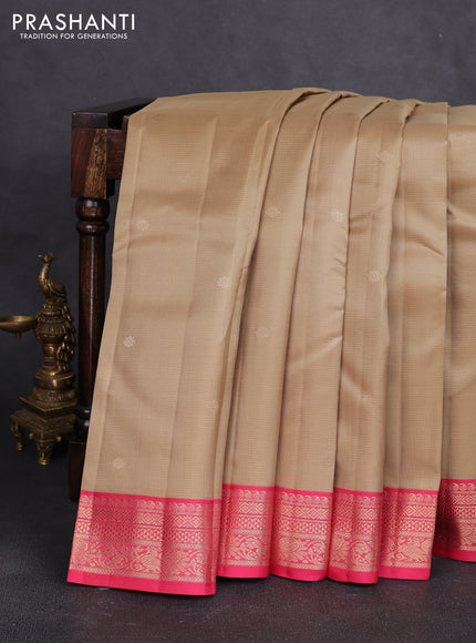 Pure kanchipuram silk saree sandal and pink with allover vairaosi pattern & zari buttas and zari woven korvai border