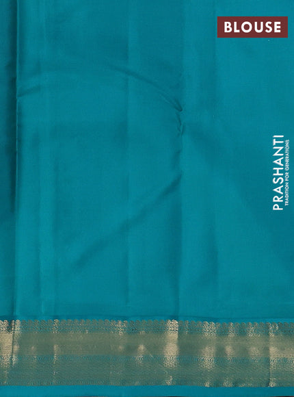 Pure kanchipuram silk saree red and teal blue with allover zari stripe pattern & buttas and zari woven korvai border