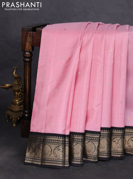 Pure kanchipuram silk saree pastel pink and black with allover zari woven buttas and zari woven korvai border