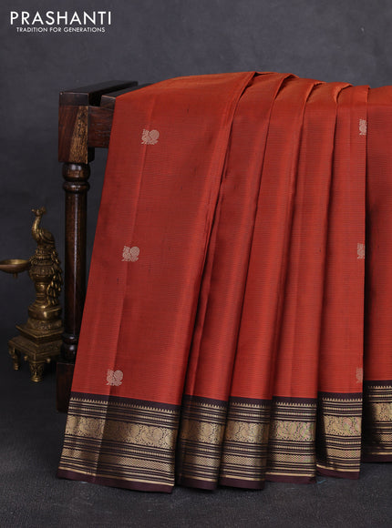 Pure kanchipuram silk saree rustic orange and coffee brown with allover vairaosi pattern & zari buttas and zari woven korvai border