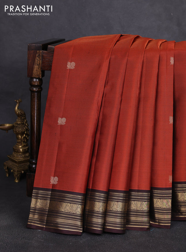 Pure kanchipuram silk saree rustic orange and coffee brown with allover vairaosi pattern & zari buttas and zari woven korvai border