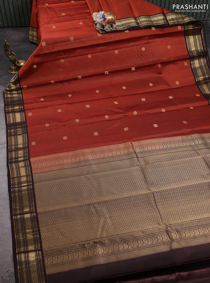 Pure kanchipuram silk saree rustic orange and coffee brown with allover vairaosi pattern & zari buttas and zari woven korvai border