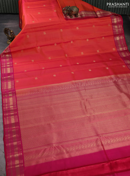 Pure kanchipuram silk saree dual shade of pinkish orange and dark pink with allover vairaosi pattern & zari buttas and zari woven korvai border