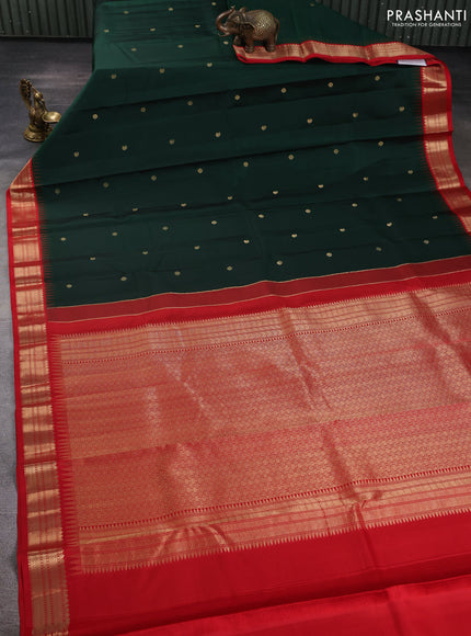 Pure kanchipuram silk saree bottle green and red with allover zari woven buttas and temple design zari woven korvai border