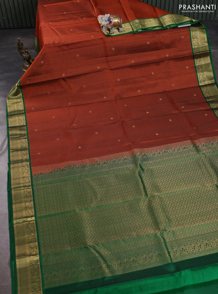 Pure kanchipuram silk saree rustic orange and green with allover zari stripe pattern & buttas and zari woven korvai border