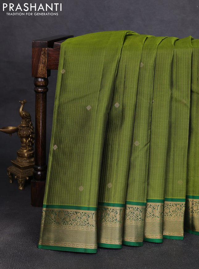 Pure kanchipuram silk saree mehendi green and green with allover zari stripe pattern & buttas and zari woven korvai border