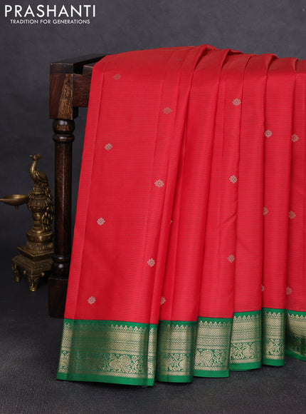Pure kanchipuram silk saree red and green with allover vairaosi pattern & zari buttas and zari woven korvai border