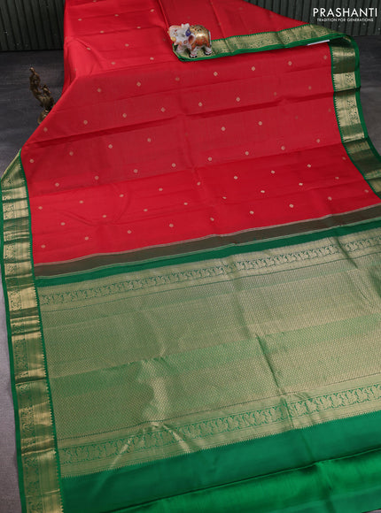 Pure kanchipuram silk saree red and green with allover vairaosi pattern & zari buttas and zari woven korvai border