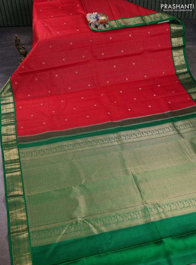 Pure kanchipuram silk saree red and green with allover vairaosi pattern & zari buttas and zari woven korvai border