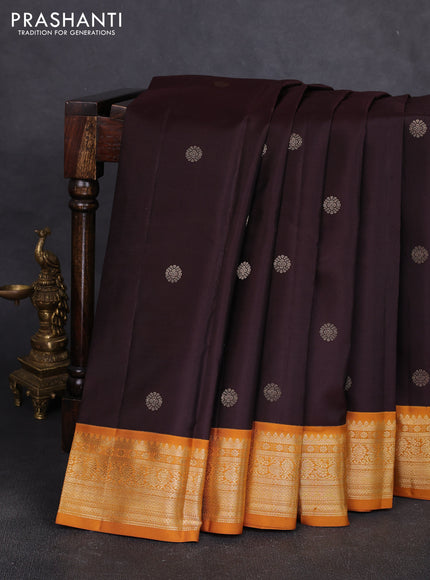 Pure kanchipuram silk saree coffee brown and mustard yellow with zari woven buttas and zari woven korvai border