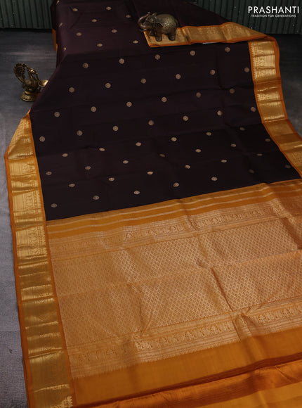 Pure kanchipuram silk saree coffee brown and mustard yellow with zari woven buttas and zari woven korvai border
