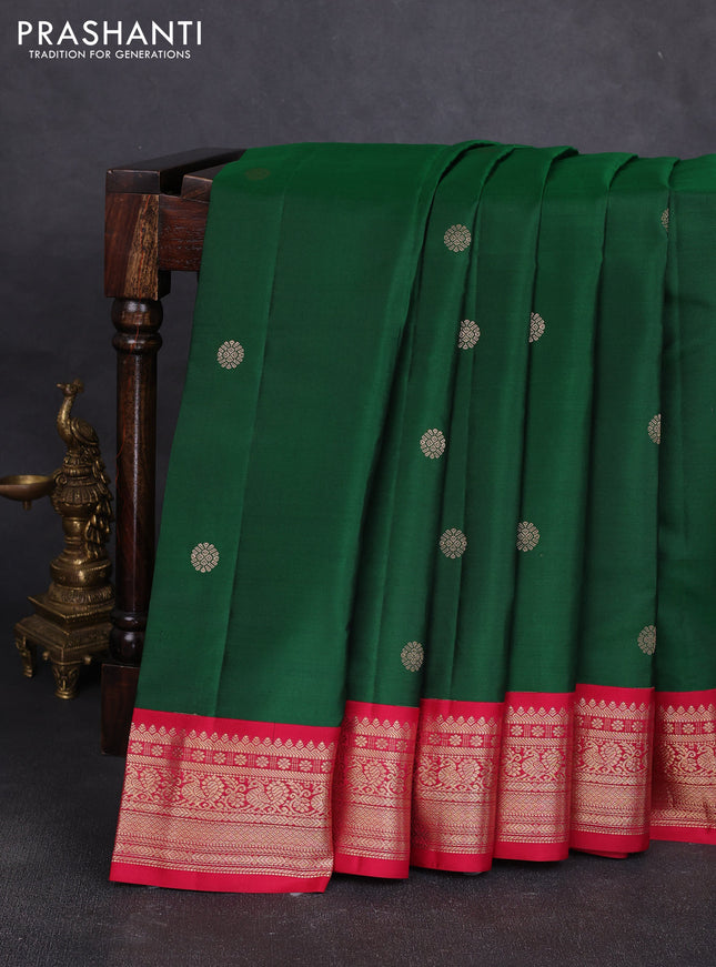 Pure kanchipuram silk saree bottle green and maroon with zari woven buttas and zari woven korvai border