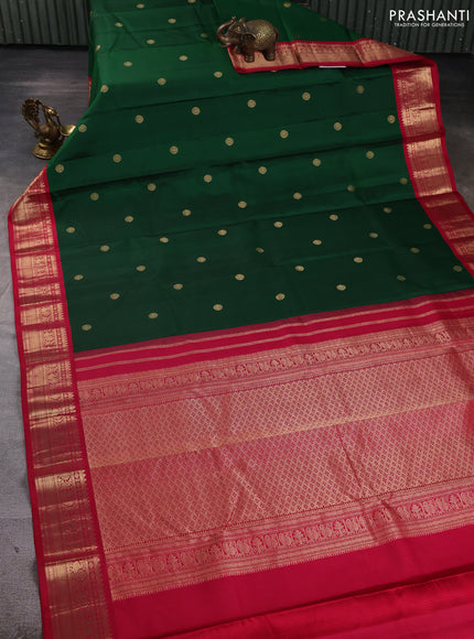 Pure kanchipuram silk saree bottle green and maroon with zari woven buttas and zari woven korvai border