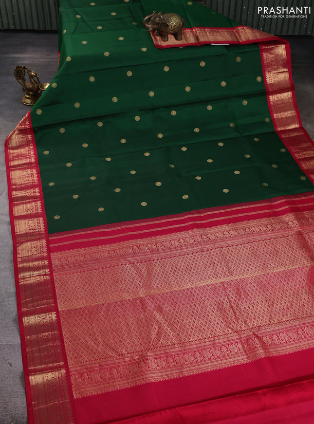 Pure kanchipuram silk saree bottle green and maroon with zari woven buttas and zari woven korvai border
