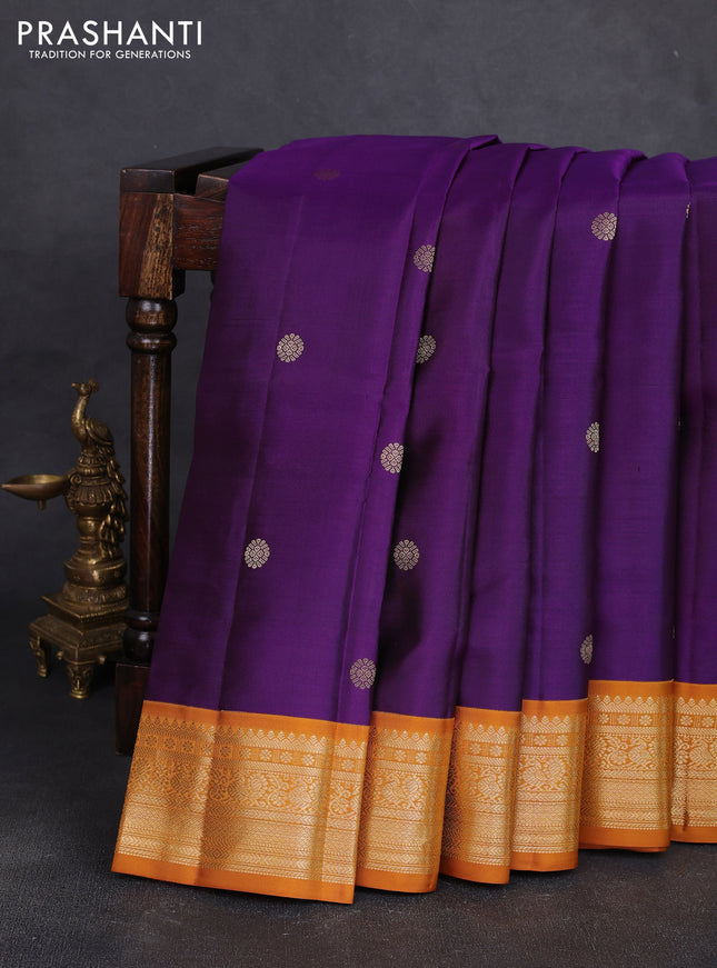 Pure kanchipuram silk saree purple and mustard yellow with zari woven buttas and zari woven korvai border