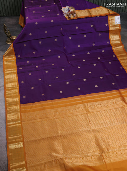 Pure kanchipuram silk saree purple and mustard yellow with zari woven buttas and zari woven korvai border