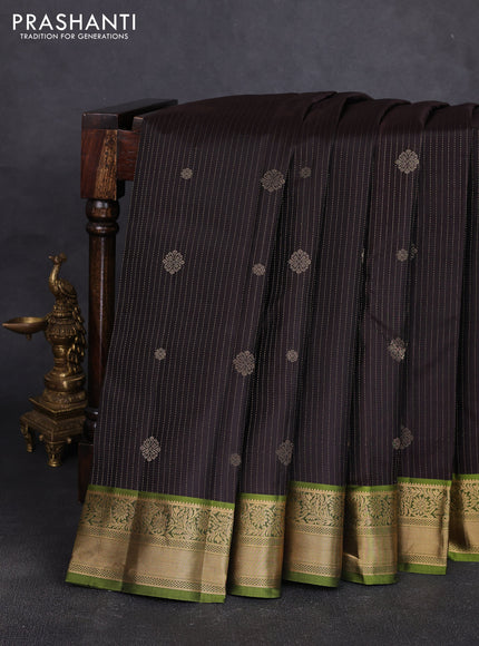 Pure kanchipuram silk saree coffee brown and light green with allover zari stripe pattern & buttas and zari woven korvai border