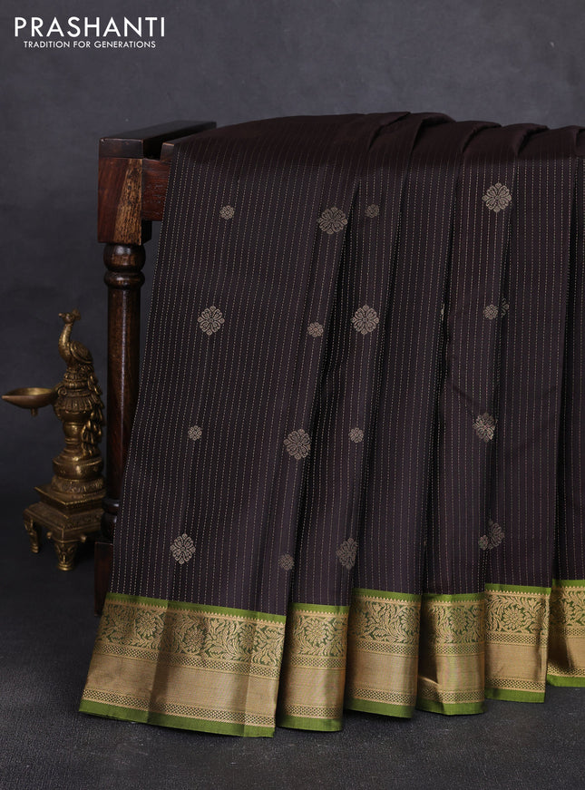 Pure kanchipuram silk saree coffee brown and light green with allover zari stripe pattern & buttas and zari woven korvai border