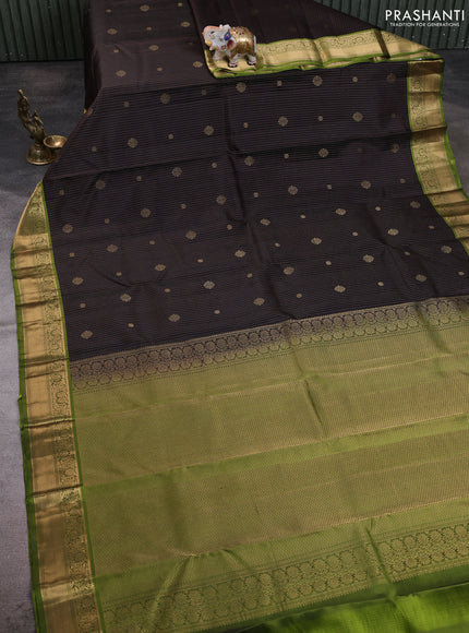 Pure kanchipuram silk saree coffee brown and light green with allover zari stripe pattern & buttas and zari woven korvai border