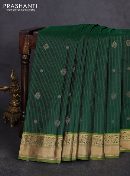 Pure kanchipuram silk saree bottle green and light green with allover zari stripe pattern & buttas and zari woven korvai border