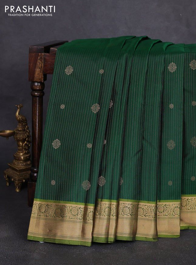 Pure kanchipuram silk saree bottle green and light green with allover zari stripe pattern & buttas and zari woven korvai border
