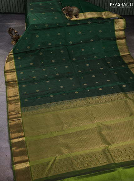 Pure kanchipuram silk saree bottle green and light green with allover zari stripe pattern & buttas and zari woven korvai border