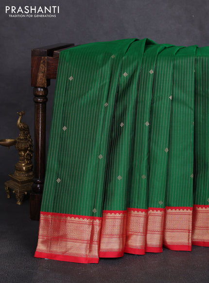 Pure kanchipuram silk saree green and red with allover zari stripe pattern & buttas and zari woven korvai border