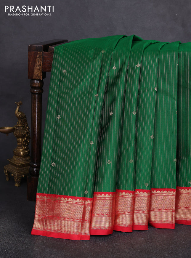 Pure kanchipuram silk saree green and red with allover zari stripe pattern & buttas and zari woven korvai border
