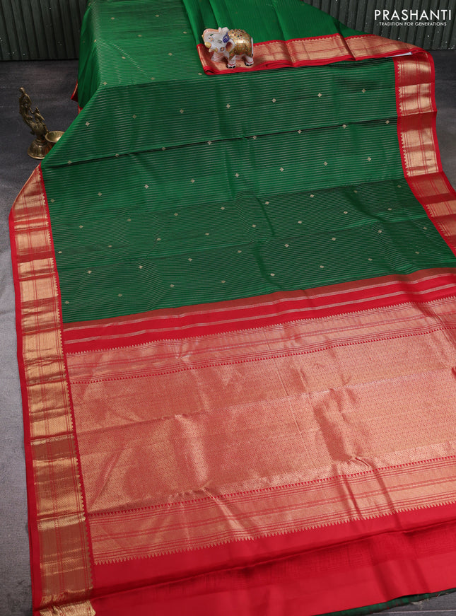 Pure kanchipuram silk saree green and red with allover zari stripe pattern & buttas and zari woven korvai border
