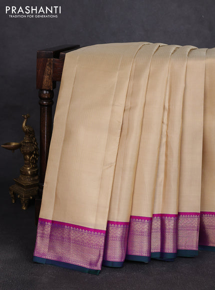 Pure kanchipuram silk saree beige and dark pink with allover zari stripe pattern and zari woven korvai border
