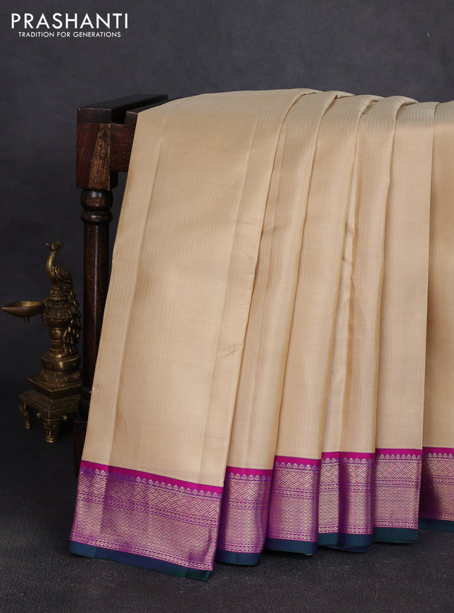 Pure kanchipuram silk saree beige and dark pink with allover zari stripe pattern and zari woven korvai border