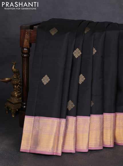 Pure kanchipuram silk saree black and mauve pink with zari woven buttas and temple design zari woven korvai border