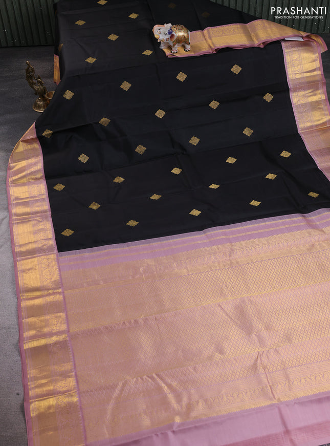 Pure kanchipuram silk saree black and mauve pink with zari woven buttas and temple design zari woven korvai border