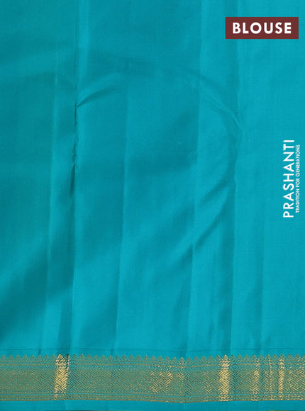 Pure kanchipuram silk saree lime yellow and teal blue with allover zari woven buttas and zari woven korvai border