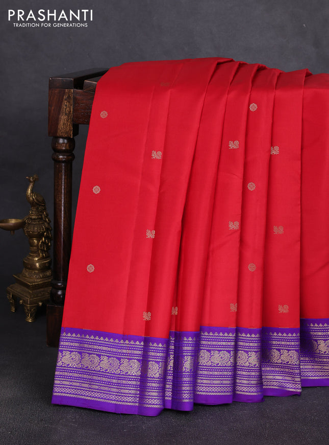 Pure kanchipuram silk saree red and violet with zari woven buttas and zari woven korvai border