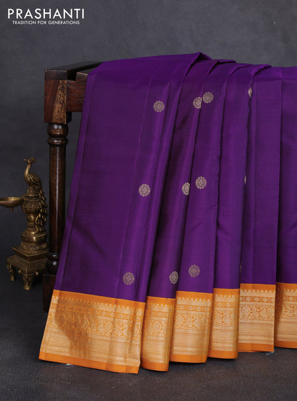 Pure kanchipuram silk saree purple and dark mustard with zari woven buttas and zari woven korvai border